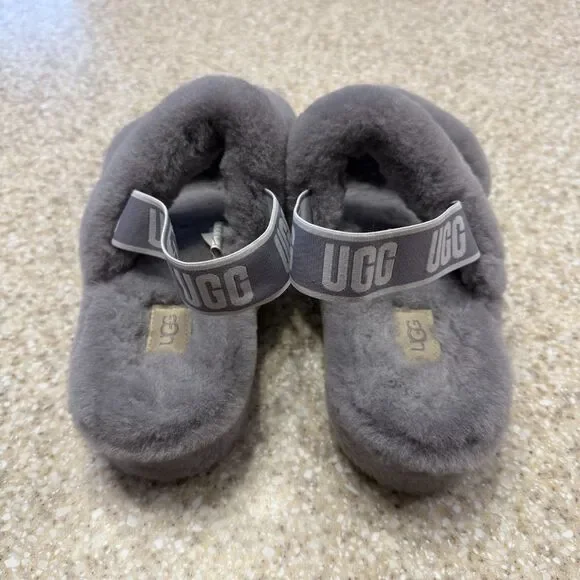 UGG Fuzzy Oh Yeah Fluff Gray Slippers Slides Logo 10 - Picture 3 of 8